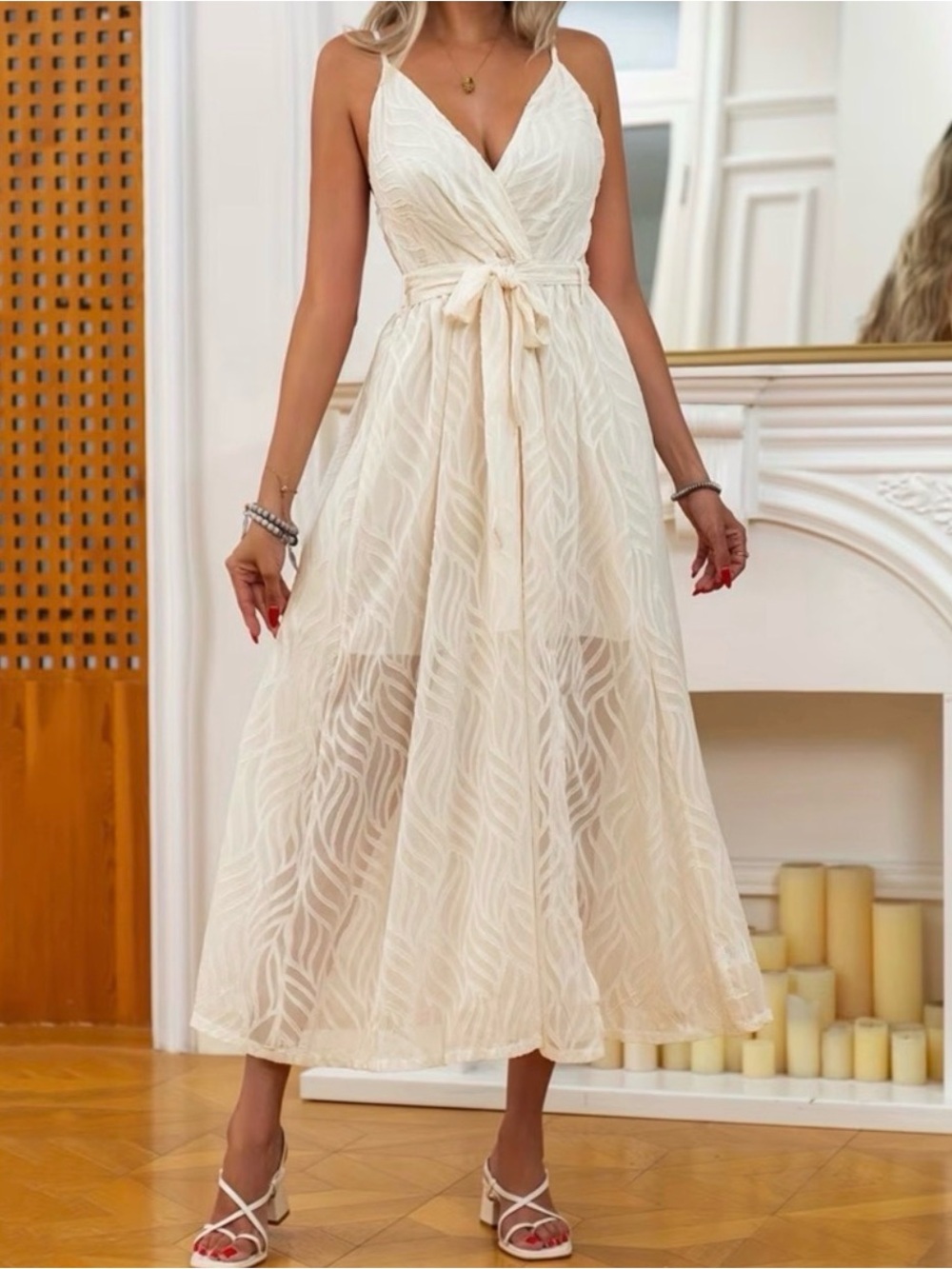 Women’s Cream Maxi Wrap Dress with Tie Waist